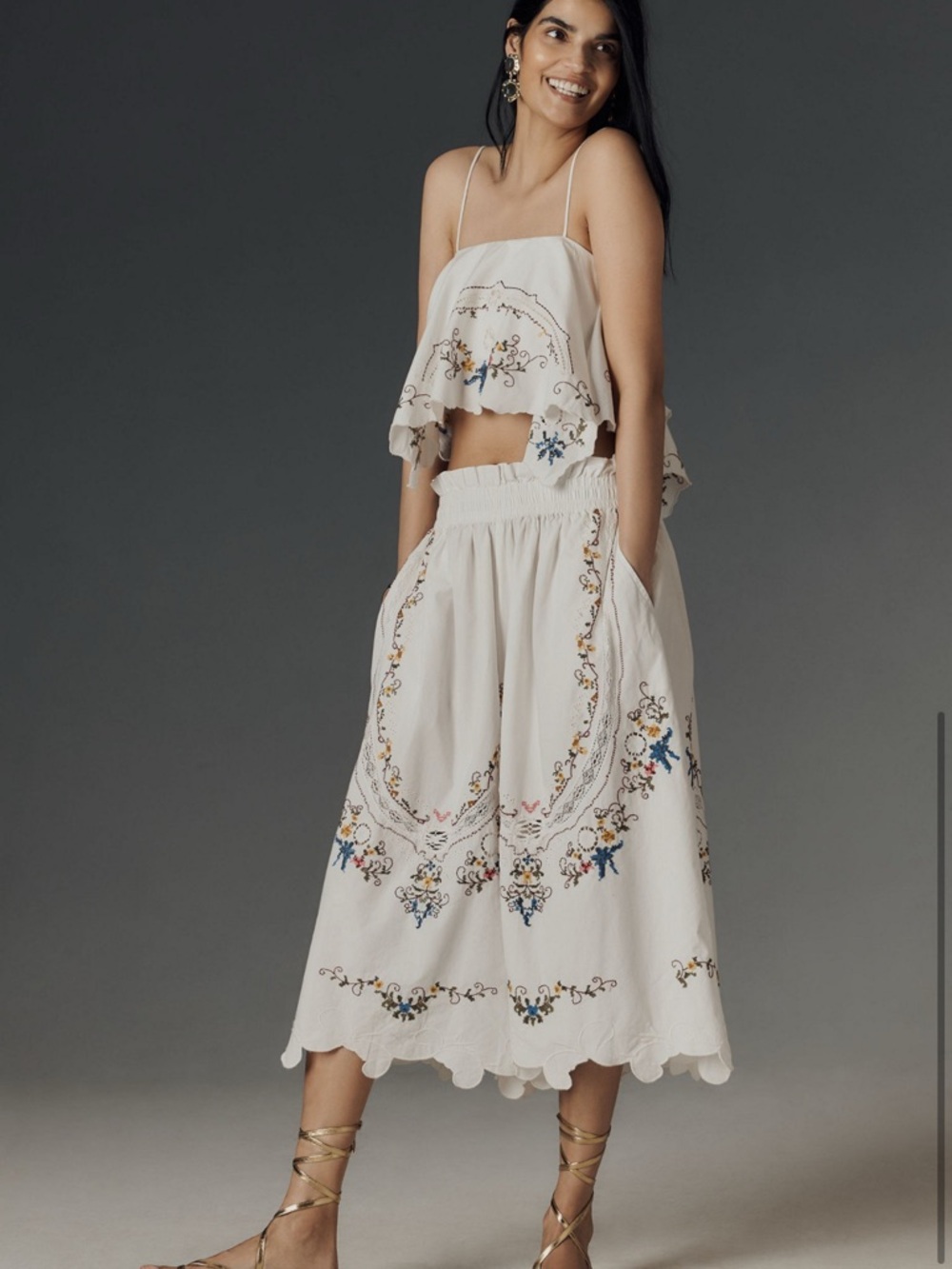 Anthropologie Cream Embroidered Midi Skirt with Scalloped Hem